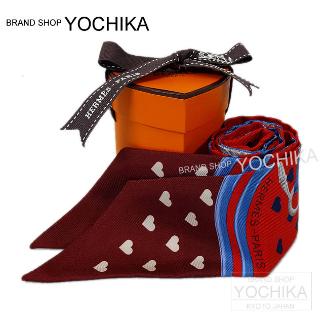 HERMES エルメス ツイリー スカーフ "ブリッド・ドゥ・ガラ・ラヴ" ハート柄 ルージュ×ブルー×ボルドー シルク100% 新品