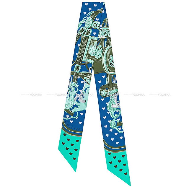 HERMES エルメス ツイリー スカーフ "ブリッドドゥガララヴ" ハート柄 コバルト/カーキ/ターコイズ シルク100% 新品未使用