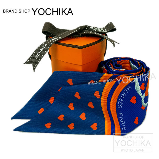 HERMES エルメス ツイリー スカーフ "ブリッド・ドゥ・ガラ・ラヴ" ハート柄 ウルトラバイオレット×オレンジ×マリン シルク100% 新品