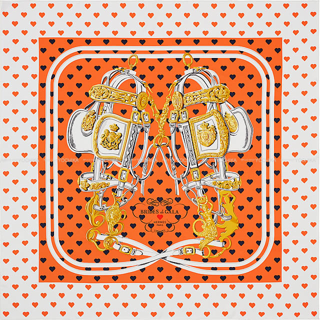 HERMES エルメス スカーフ カレ90 "ブリッド・ドゥ・ガラ・ラヴ" オレンジ×マリン×白 シルク100% 新品