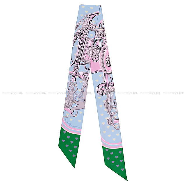 HERMES エルメス ツイリー スカーフ "ブリッド・ドゥ・ガラ・ラヴ" ハート柄 ブルーシエル×パルム×ヴェール シルク100% 新品