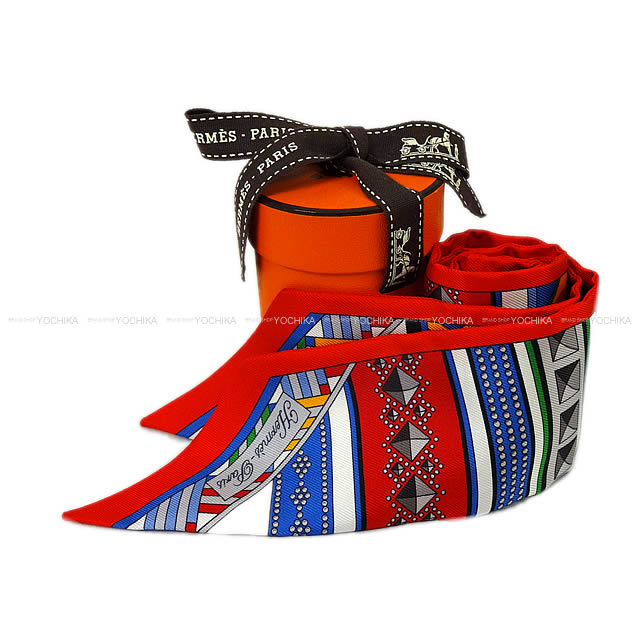 エルメス ツイリー スカーフ "コリエ・ド・シアン" ルージュヴィフXブルーXヴェール シルク100% 新品