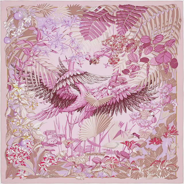 HERMES エルメス スカーフ カレ90 "フラミンゴパーティー" パルムXリラXベージュローズ シルク100% 新品未使用