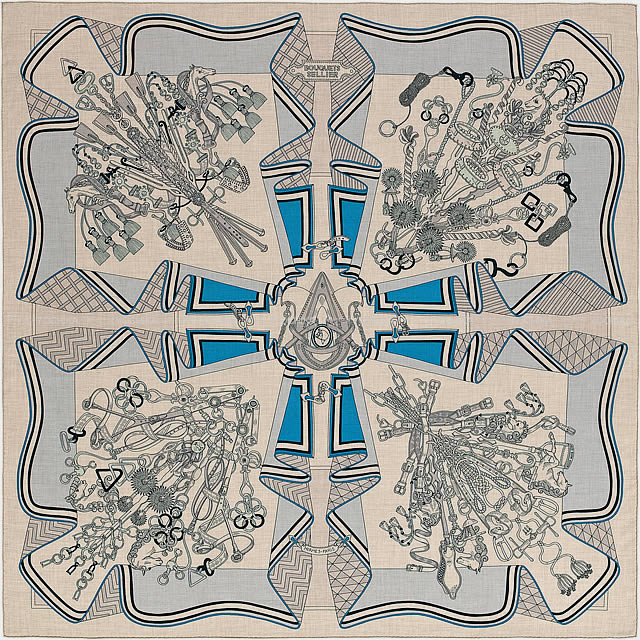 HERMES エルメス ショール カレ140 "鞍職人の花束" ナチュラルXシエルXマリン カシミヤ65%Xシルク35% 新品