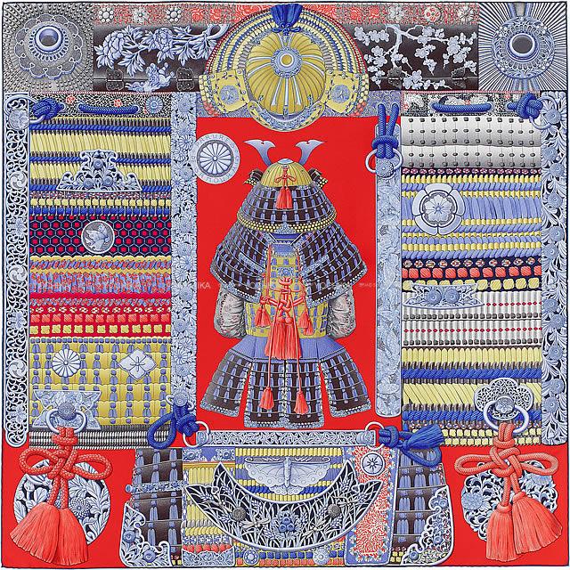 HERMES エルメス スカーフ カレ90 "侍の鎧兜" ルージュXブルーXムタード シルク100% 新品