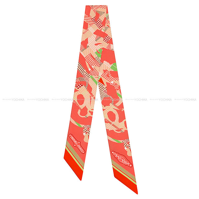 HERMES エルメス ツイリー スカーフ "カヴァルカドゥール・モーニング" サーモンXオレンジXヴェール