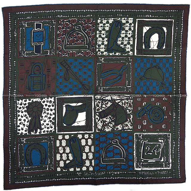 HERMES エルメス スカーフ カレH65 "Le Boudou" カーキXコバルト コットン100% 新品未使用