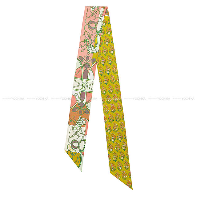 HERMES エルメス ツイリー スカーフ "鞭・ブロック" グリーンXペッシュXシャルトルーズ