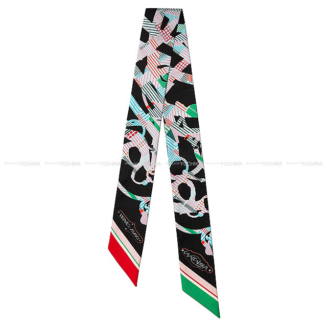 HERMES エルメス ツイリー スカーフ "カヴァルカドゥール・モーニング" 黒XルージュXヴェール