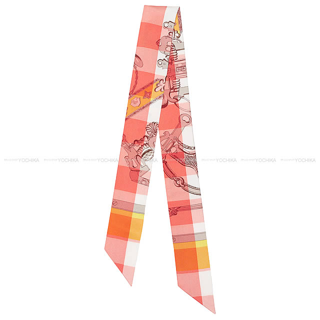 HERMES エルメス ツイリー スカーフ "Mors et Gourmettes Vichy" サーモンXシトロンX白 シルク100% 新品