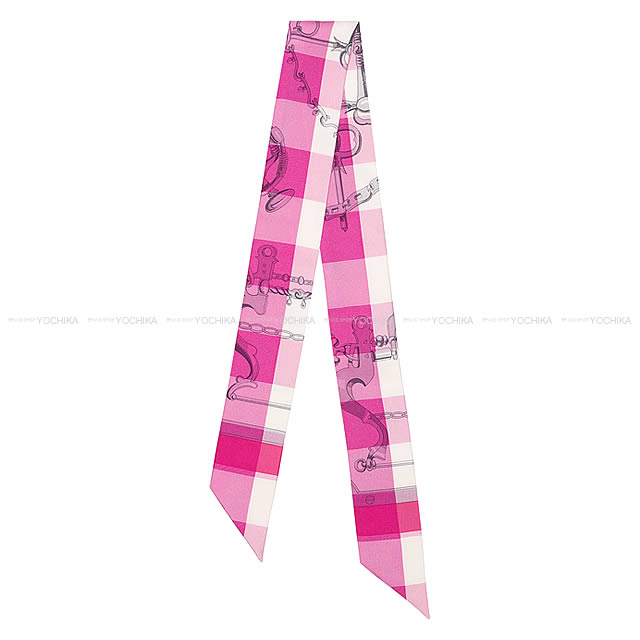 エルメス ツイリー スカーフ "Mors et Gourmettes Vichy" ローズヴィフXフランボワーズX白