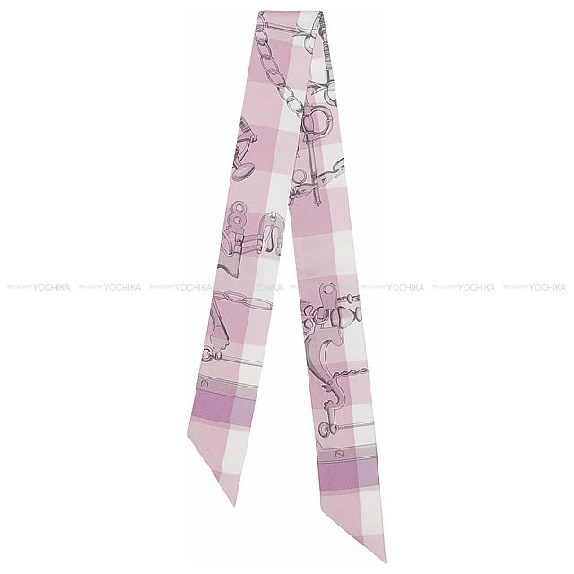 HERMES エルメス ツイリー スカーフ "Mors et Gourmettes Vichy" パルムXモーヴX白