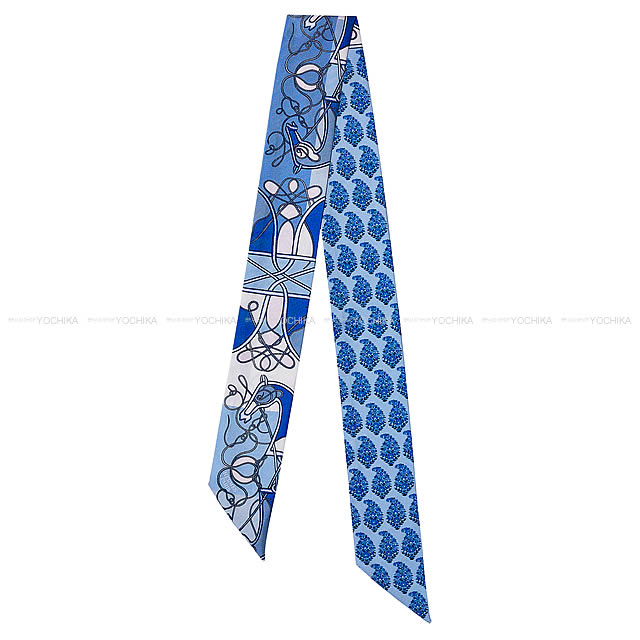 HERMES エルメス ツイリー スカーフ "鞭・ブロック" ブルーX白Xローズ シルク100% 新品