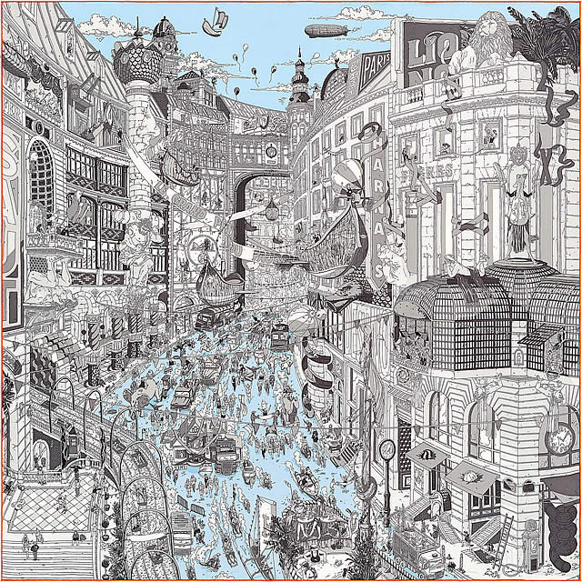 HERMES 2018年 春夏 新作 エルメス スカーフ カレ90 "フォーブルのグランプリ" グリスＸブルーＸアントラシット シルク100% 新品