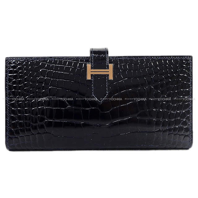 HERMES エルメス 長財布 ベアンスフレ ブルーマリン クロコダイル アリゲーター シャイニー ローズゴールド金具 新品