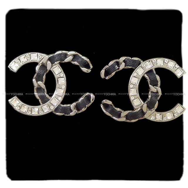 CHANEL シャネル ビッグココマーク チェーン&ストラス ピアス 黒 AB0023 新品