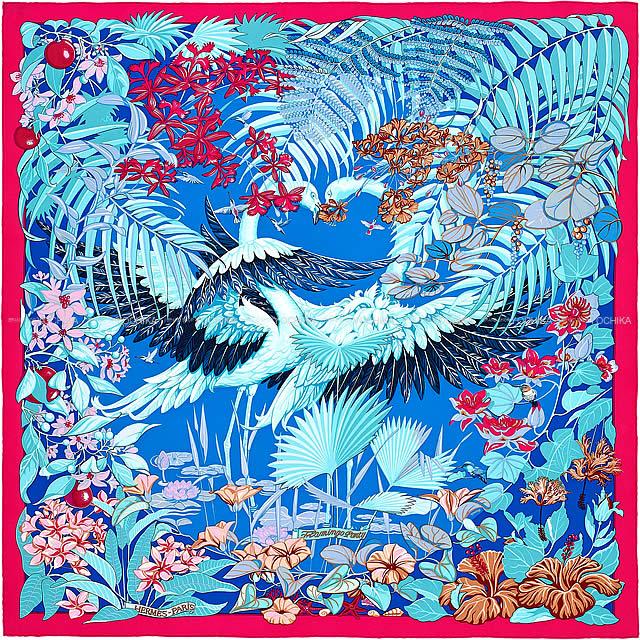 HERMES エルメス スカーフ カレ90 "フラミンゴパーティー" ローズヴィフXブルーXシエル シルク100% 新品