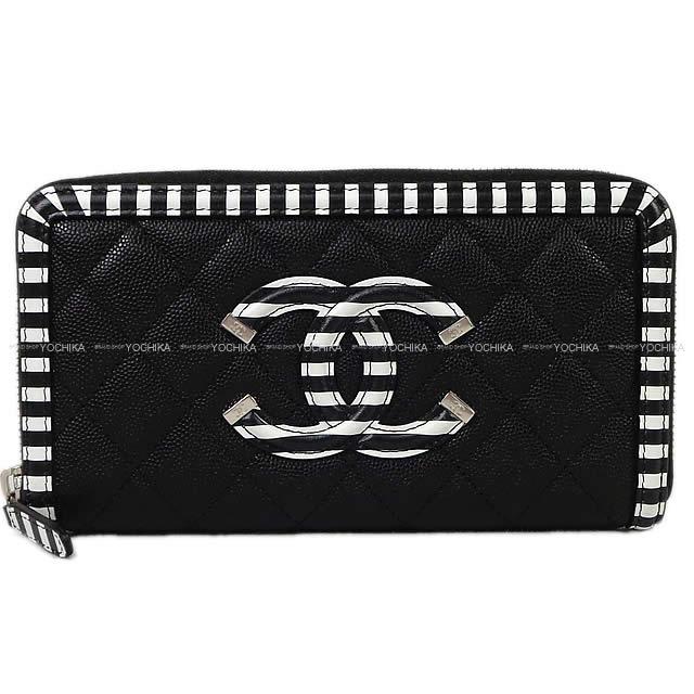 CHANEL マトラッセ ビッグココマーク ボーダー フレーム ラウンドファスナー 長財布 黒X白 新品