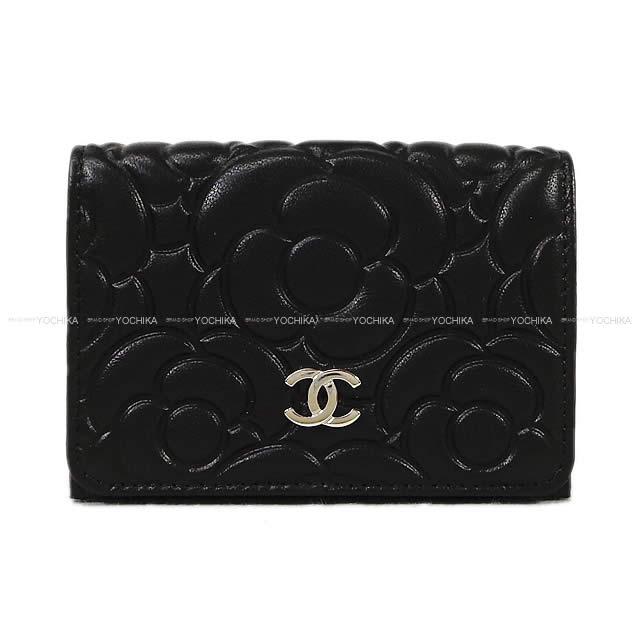 CHANEL シャネル カメリア エンボス フラップ 三つ折り コンパクト 財布 黒 ラムスキン AP0116 新品