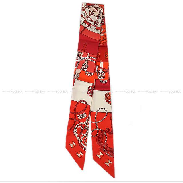 HERMES エルメス ツイリー スカーフ "鍵への螺旋" ルージュXXオレンジX白(ホワイト) シルク100% 新品未使用