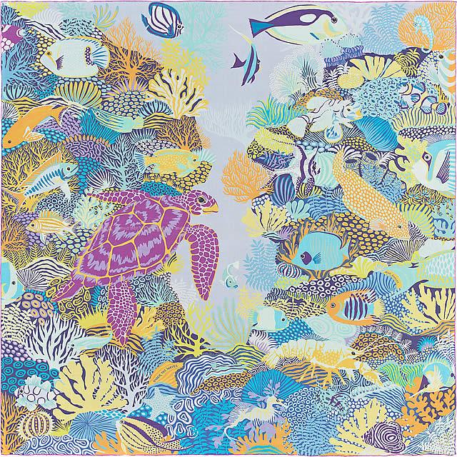 HERMES エルメス ショール カレ140 "UNDER THE WAVE" シエルXジョーヌXモーヴ