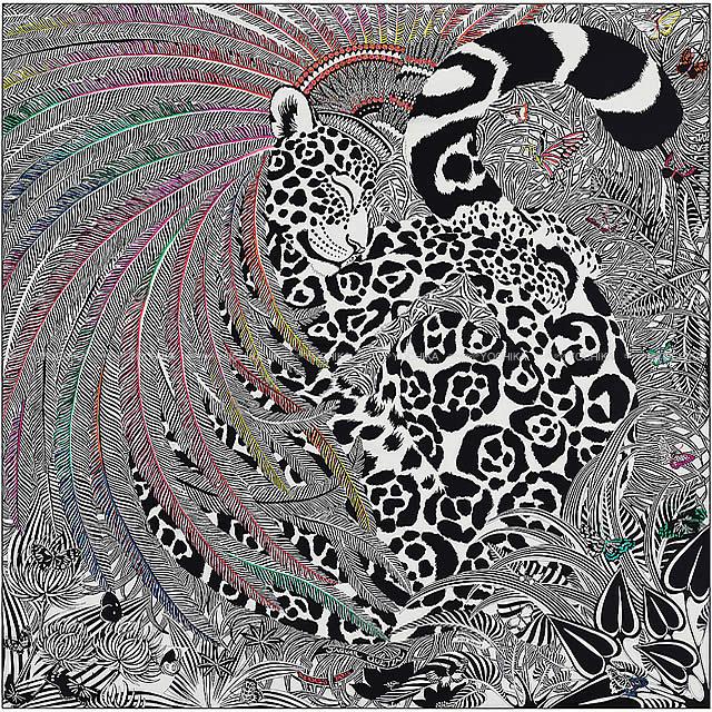 HERMES エルメス ショール カレ140 コロリアージュ 刺繍 "ジャガー＝ケツァール