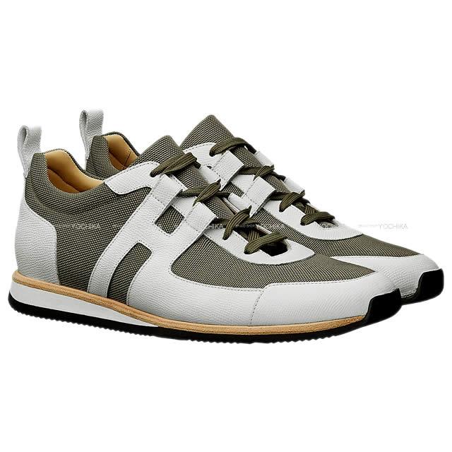 HERMES エルメス メンズ スニーカー "パートナー" カーキX白(ホワイト) エプソン