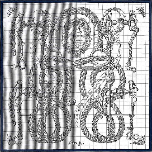 エルメス スカーフ カレ90 アイライナー "デッラ・カヴァッレリア・フィネス" マリンX白(ホワイト) シルク100% 新品