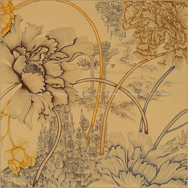 2019年春夏 新作 HERMES エルメス スカーフ カレ90 "ピヴォワンヌの影" ベージュドールXマロン 新品