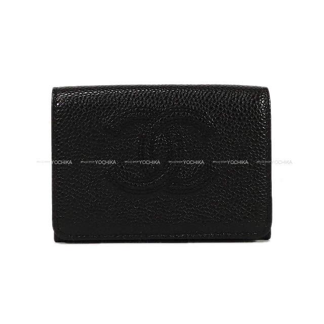 CHANEL シャネル ココマーク ダブルステッチ コンパクト 三つ折り 財布 黒 グレインド カーフ A70796 新品