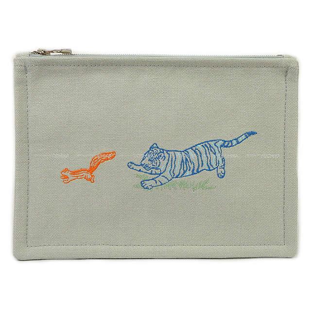 HERMES エルメス フラットポーチ 刺繍 トラ "プティ フェラン" ブルー コットン100% 新品