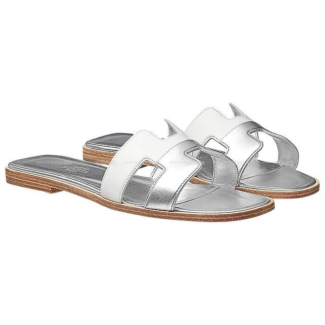 HERMES エルメス レディース Hモチーフ サンダル "オラン" #37.5 白(ホワイト)Xシルバー