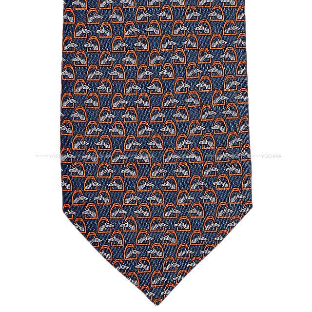 HERMES エルメス ネクタイ "ホーストーク" マリン/オランジュヴィフ/グレー シルク100% 新品