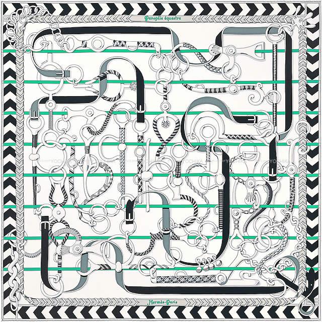 HERMES エルメス カレ90 "乗馬の装身具一式" 白/グリス/メンソール シルク100% 新品