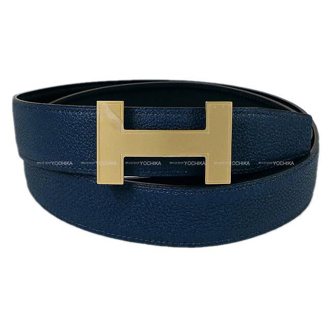 エルメス メンズ "クイズ 32" リバーシブル Hベルト #95 ブルードプリュスX黒 トゴXボックスカーフ 新品