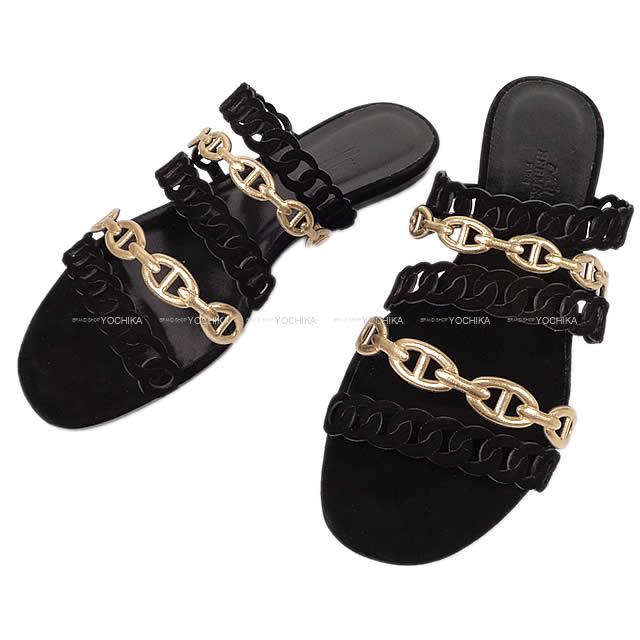 HERMES エルメス レディース セリエ サンダル "NUDE ヌード" #37 黒Xゴールド ナッパレザーXスエード 新品