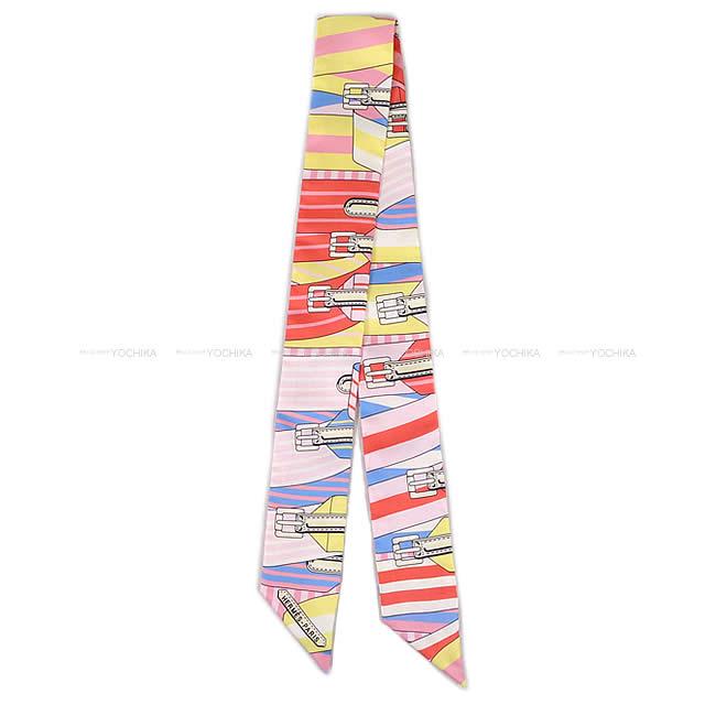 HERMES エルメス ツイリー スカーフ "Sangles" ローズXブルーXジョーヌ シルク100% 新品