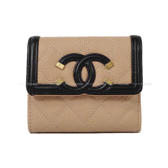 シャネル フィグリー マトラッセ ビックココマーク フラップ 三つ折り 財布 黒/ベージュ キャビア A81941 新品