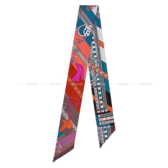 HERMES エルメス ツイリー スカーフ "馬勒とチャーム'' マロン/ブルー/オレンジ シルク100% 新品未使用