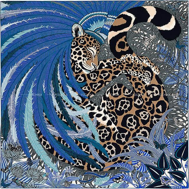 HERMES エルメス ショール カレ140 "ジャガー=ケツァール" ブルーXトー