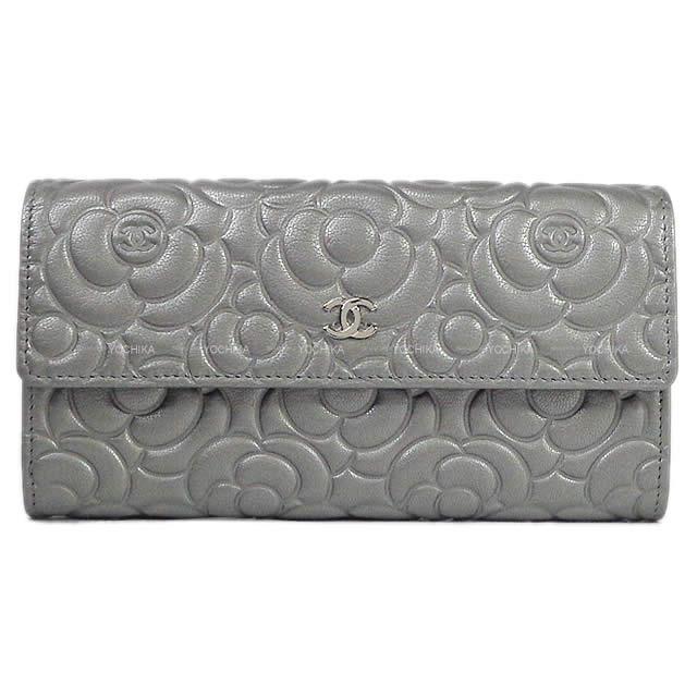2019年春夏 新作 CHANEL シャネル カメリア エンボス フラップ 長財布 シルバー ラムスキン A82283 新品