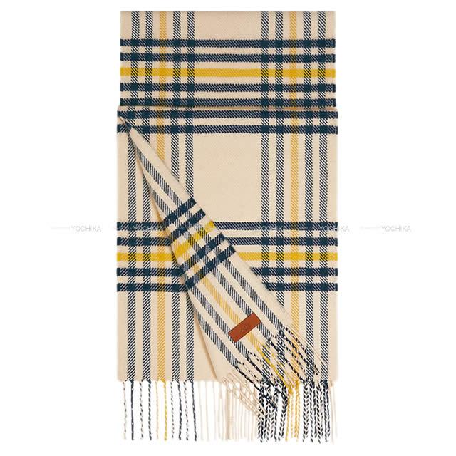 HERMES エルメス マフラー "ブランケット チェック" エクリュ/マリン/ジョーヌ カシミヤ100% 新品