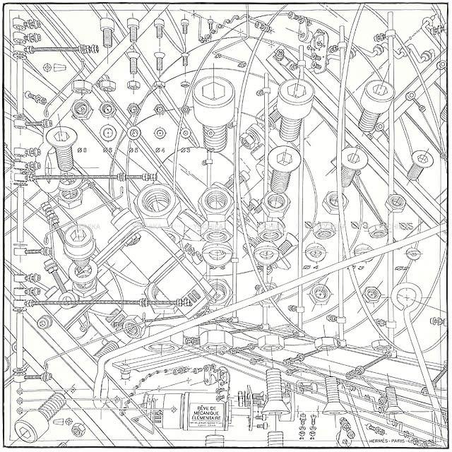 エルメス スカーフ カレH65 "基礎力学の夢" 白（ホワイト）/黒（ブラック） コットン100% 新品