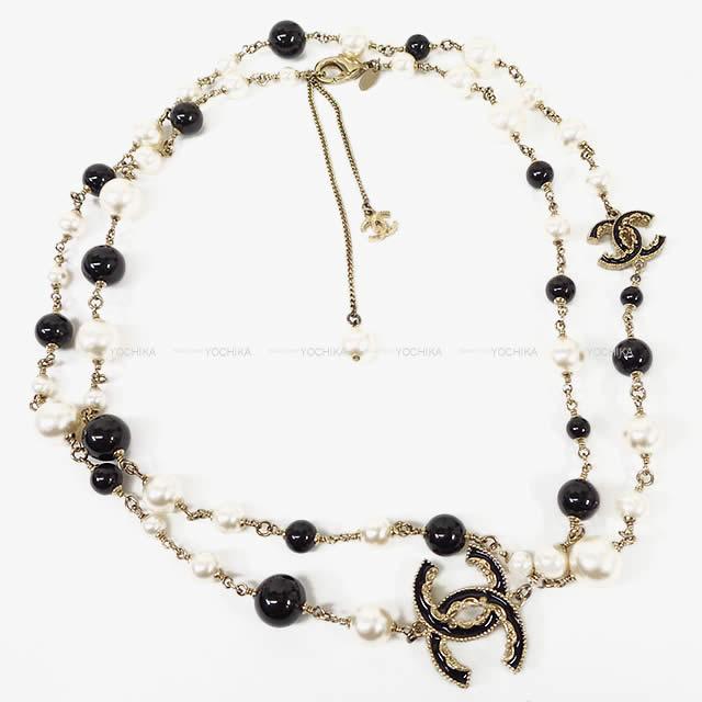 2014年 CHANEL シャネル バイカラー フリル ココマーク パール ロング ネックレス 黒(ブラック)X白(ホ