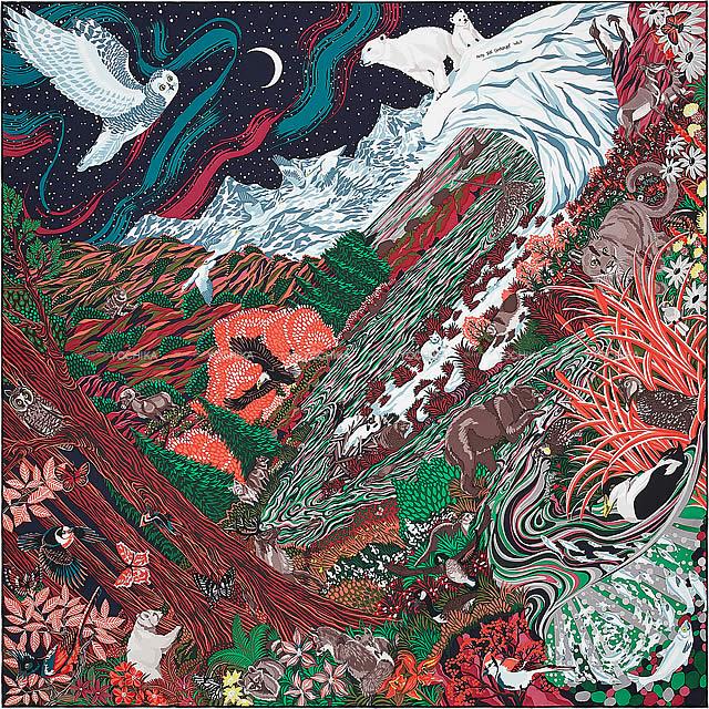 エルメス スカーフ カレ90 "カナダの大自然" ヴェール/コライル/ボルドー シルク100% 新品