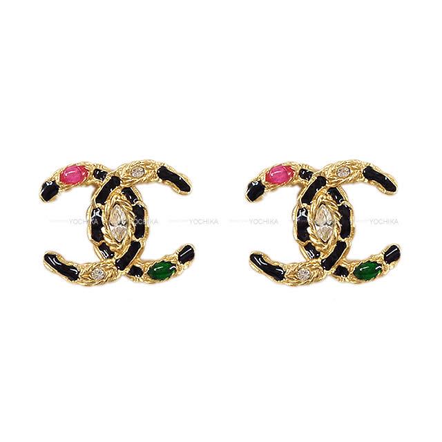 2020年 新作 CHANEL シャネル ココマーク チェーン&カラーストーン ピアス 黒(ブ