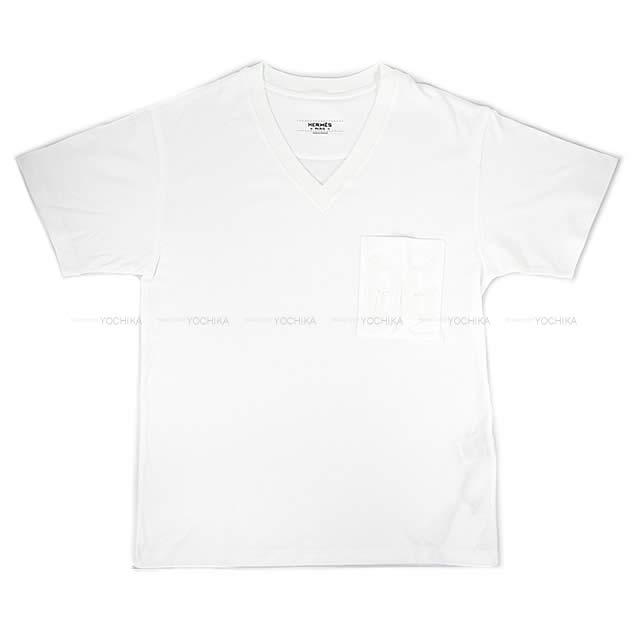 HERMES エルメス Vネック Tシャツ ポケット付 刺繍 #34 白(ホワイト) コットン100% 新品未使用