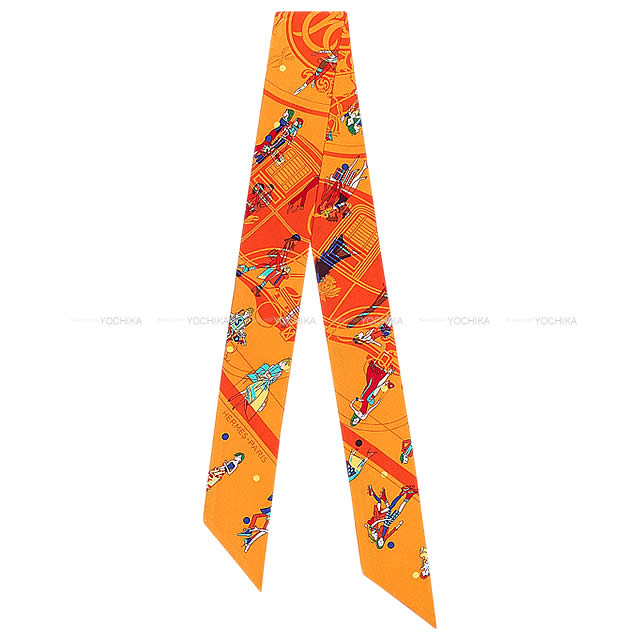 HERMES エルメス ツイリー スカーフ "エクリブリス パリジェンヌ" オレンジXターコイズXジョーヌ シルク100% 新品