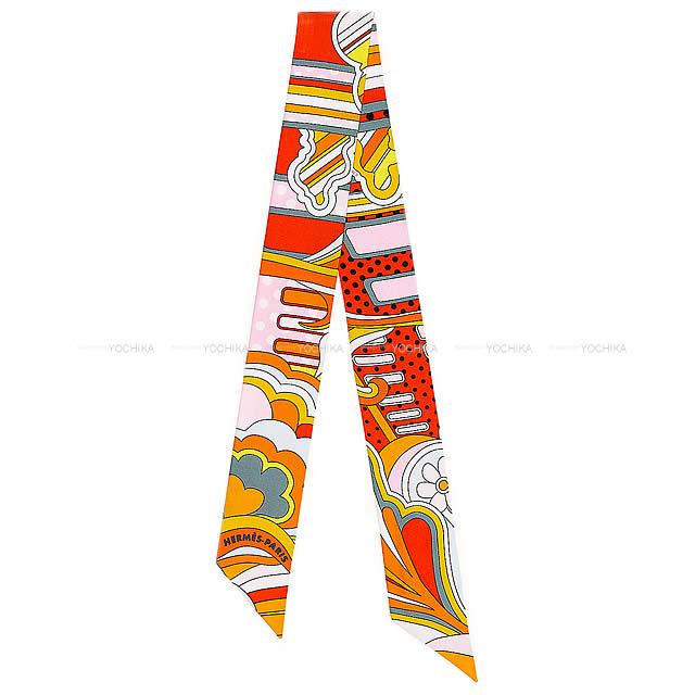 HERMES エルメス ツイリー スカーフ "フォーブルレインボー" オレンジXピンクXグレー シルク100% 新品