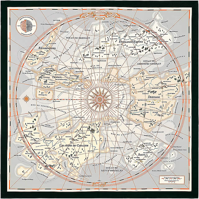 HERMES エルメス ショール カレ140 "Planisphere dun Monde Eduestre" グリス/黒/オレンジ シルク100% 新品